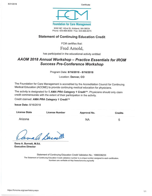 AAOM Annual Workshop 2018 Certificate