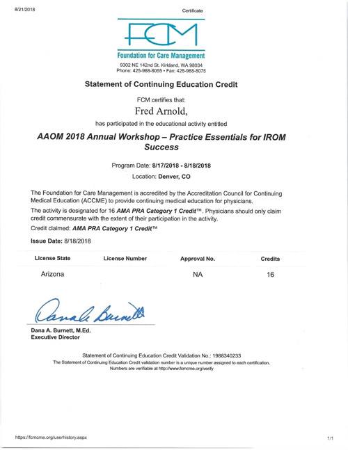 AAOM Annual Workshop 2018 Certificate